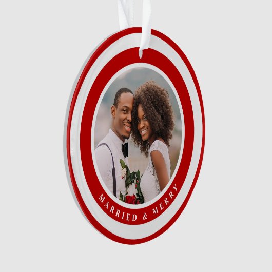 Moderne kerstfoto met gehuwd en vrolijk kerstfeest ornament (voorkant)