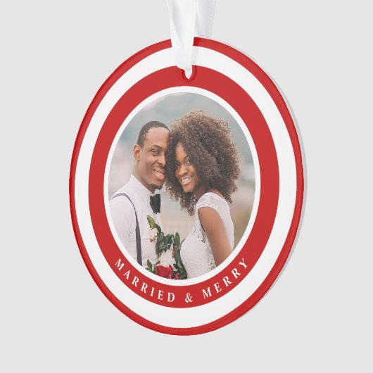 Moderne kerstfoto met gehuwd en vrolijk kerstfeest ornament (voorkant)