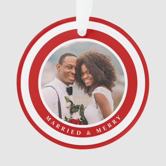 Moderne kerstfoto met gehuwd en vrolijk kerstfeest ornament (voorkant)