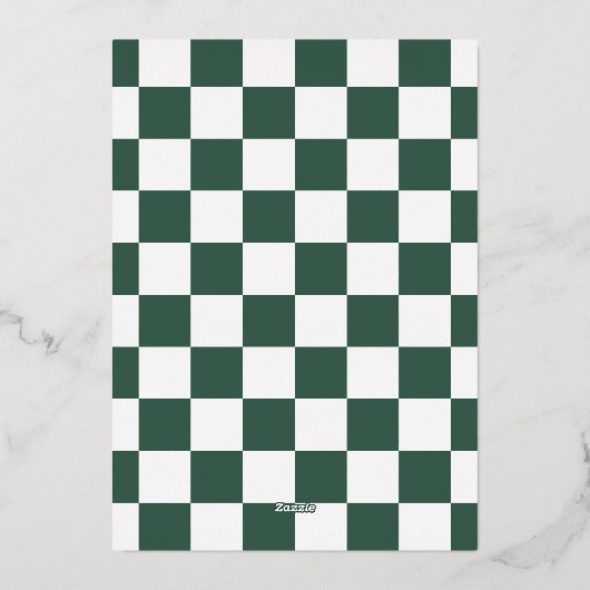 Moderne kerstfoto met golvende rand in groen folie uitnodiging (Achterkant)