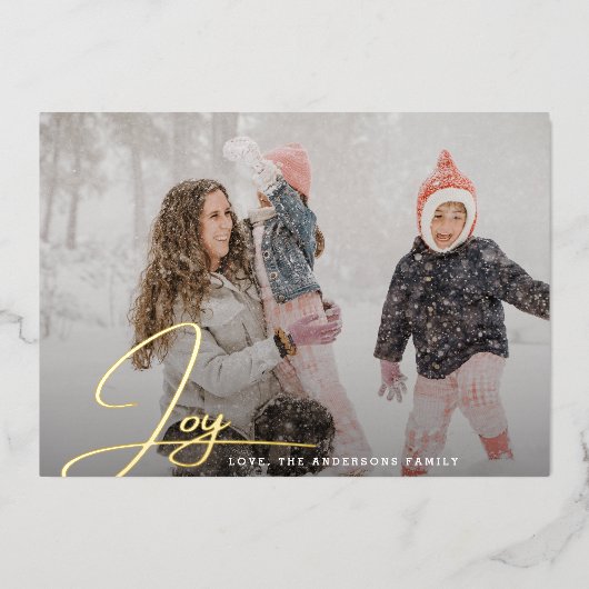 Moderne kerstfoto met handschrift folie feestdagenkaart (Voorkant)