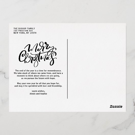 Moderne kerstfoto met kalligrafie folie feestdagen briefkaart (Achterkant)