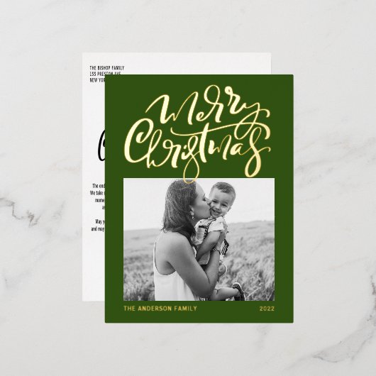 Moderne kerstfoto met kalligrafie folie feestdagen briefkaart (Voorkant / Achterkant)