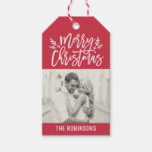 Moderne kerstfoto met rood script cadeaulabel (Voorkant)
