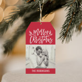 Moderne kerstfoto met rood script cadeaulabel