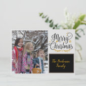 Moderne kerstfoto met zwarte & gouden kerst feestdagenkaart (Staand voorkant)