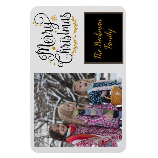 Moderne kerstfoto met zwarte & gouden kerst magneet (Verticaal)