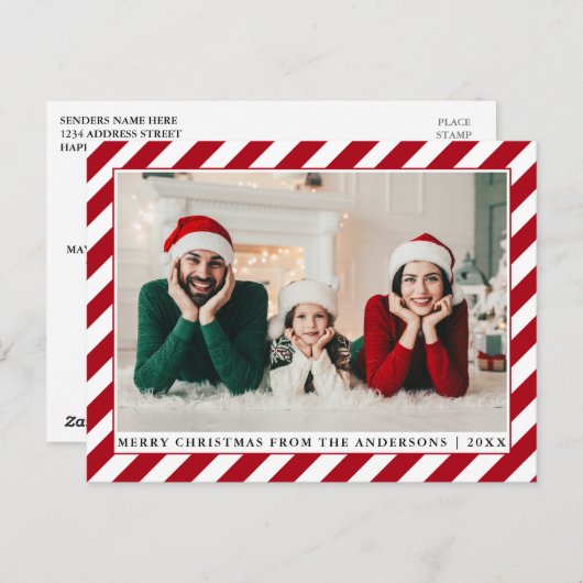 Moderne kerstfoto Rode Stripes Briefkaart (Voorkant / Achterkant)