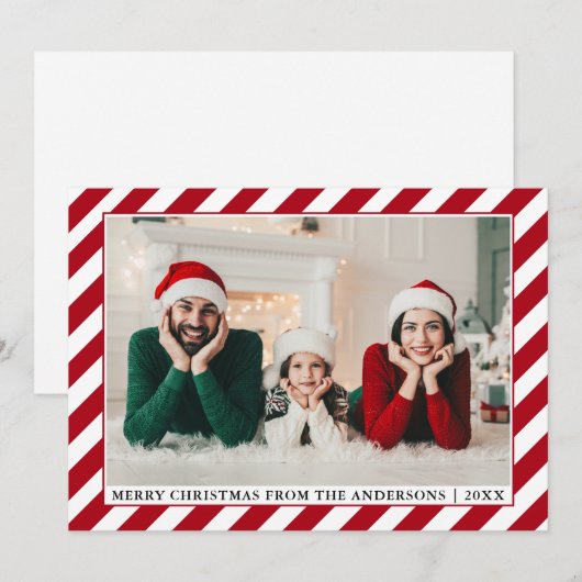 Moderne kerstfoto Rode Stripes Feestdagenkaart (Voorkant / Achterkant)