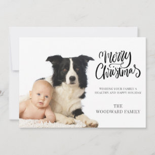 Moderne Kerstfoto van Baby en Hond Feestdagenkaart