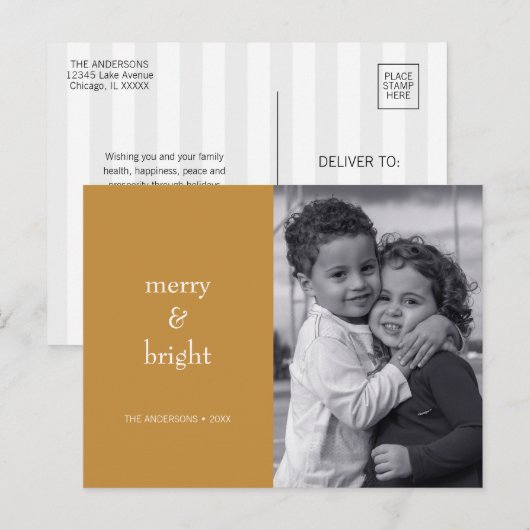 Moderne kerstfoto voor Merry & Bright Gold Feestdagenkaart (Voorkant / Achterkant)