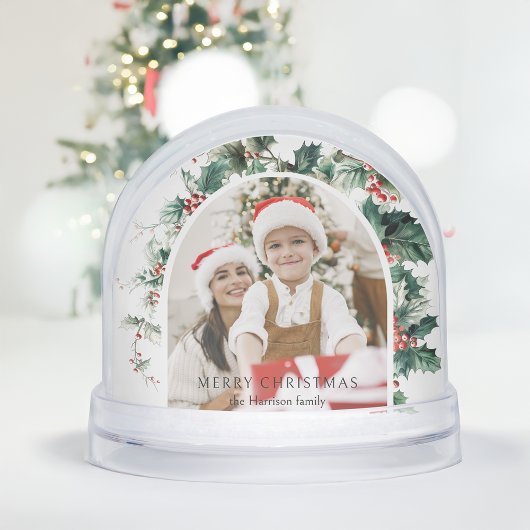 Moderne Kerstfotoboog met Holly Snow Wereldbol Sneeuwbol