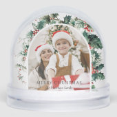 Moderne Kerstfotoboog met Holly Snow Wereldbol Sneeuwbol (Voorkant)