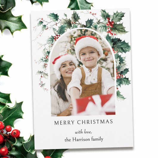 Moderne Kerstfotoboog w / Holly Feestdagenkaart