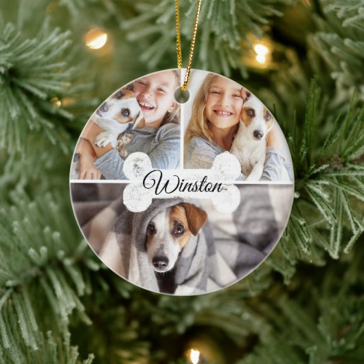 Moderne kerstfoto's met hond Bone Three Photo Coll Keramisch Ornament (Boom)