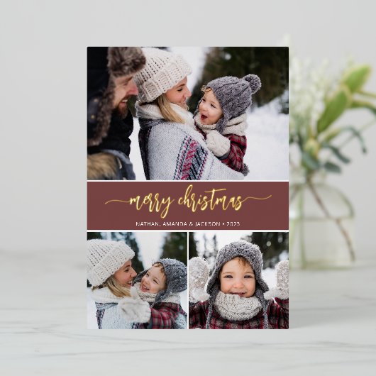 Moderne kerstfoto's voor Merry Collage Folie Feestdagenkaart (Staand Voorkant)