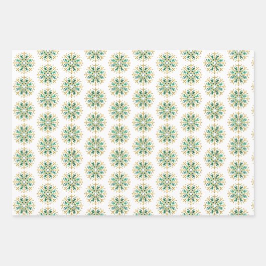 Moderne kerstgouden groene sneeuwflake wrapping inpakpapier vel (Voorkant 3)