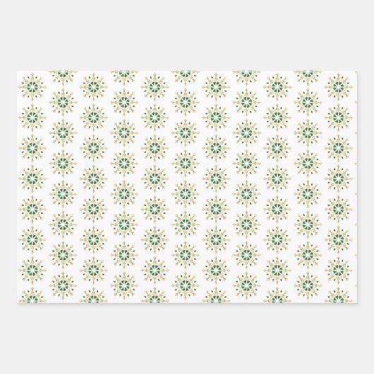 Moderne kerstgouden groene sneeuwflake wrapping inpakpapier vel (Voorkant 2)