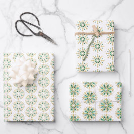 Moderne kerstgouden groene sneeuwflake wrapping inpakpapier vel