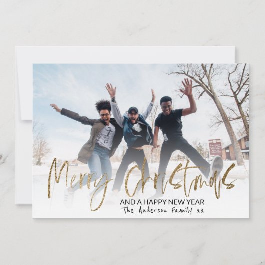 Moderne kerstgoudkalligrafie 1 foto feestdagenkaart (Voorkant)