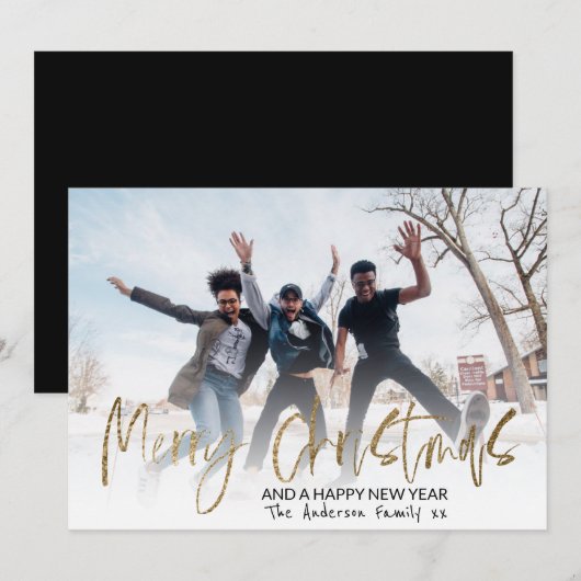 Moderne kerstgoudkalligrafie 1 foto feestdagenkaart (Voorkant / Achterkant)