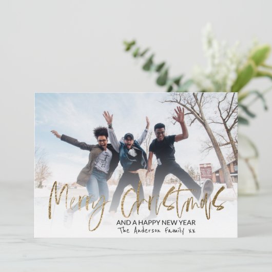 Moderne kerstgoudkalligrafie 1 foto feestdagenkaart (Staand voorkant)