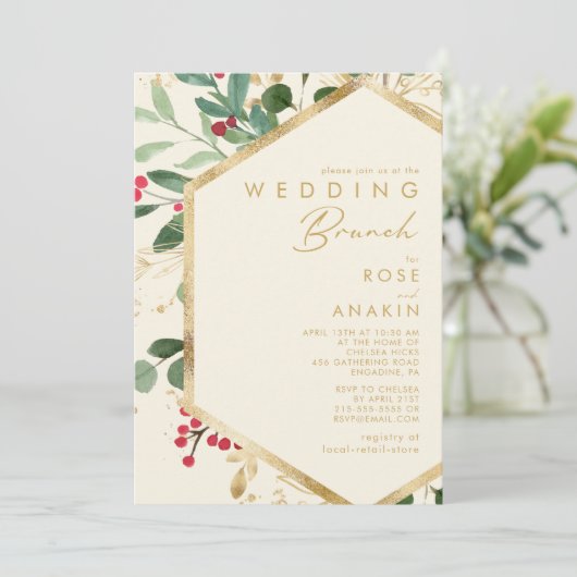 Moderne kerstgrenery | Cream Wedding Brunch Kaart (Staand voorkant)