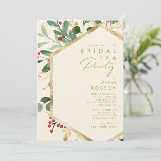 Moderne kerstgrenery | Crème Bridal Tea Kaart (Staand voorkant)