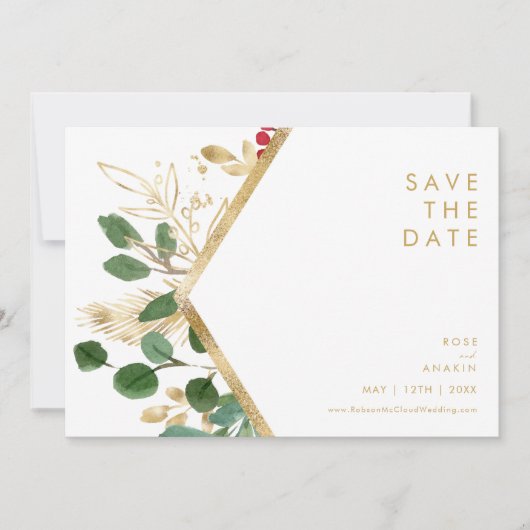 Moderne kerstgrenery | Horizontaal wit Save The Date (Voorkant)