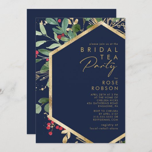 Moderne kerstgrenery | Navy Bridal Tea Party Kaart (Voorkant / Achterkant)