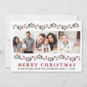 Moderne Kerstgroen Bessen 3 Foto Feestdagenkaart (Voorkant)