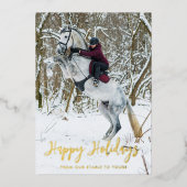Moderne Kerstgroet Script Equestrian Foto Folie Feestdagenkaart (Voorkant)