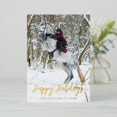 Moderne Kerstgroet Script Equestrian Foto Folie Feestdagenkaart (Staand Voorkant)