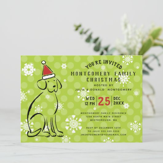 Moderne Kersthond Red Santa Hat Holiday Party Kaart (Staand voorkant)