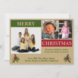 Moderne kerstkaart met 3 foto's in goud, groen en 