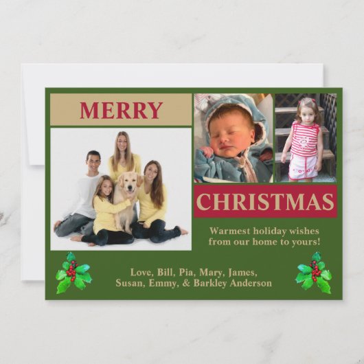 Moderne kerstkaart met 3 foto's in groen, rood en (Voorkant)