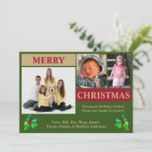 Moderne kerstkaart met 3 foto's in groen, rood en (Staand voorkant)