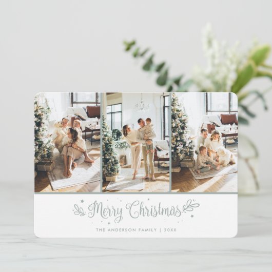 Moderne kerstkaart met 3 foto's van sterren (Staand voorkant)