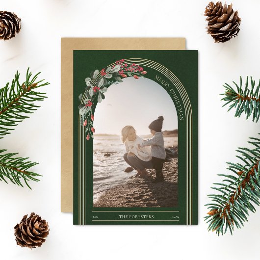 Moderne kerstkaart met botanische boog en foto