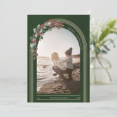 Moderne kerstkaart met botanische boog en foto (Staand voorkant)