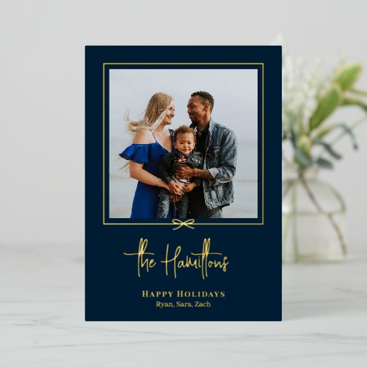 Moderne kerstkaart met folie cadeau folie feestdagenkaart (Staand Voorkant)