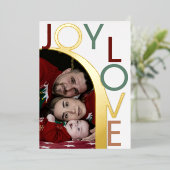 Moderne Kerstkaart met folie & foto 'Vreugde & Lie Folie Feestdagenkaart (Staand Voorkant)