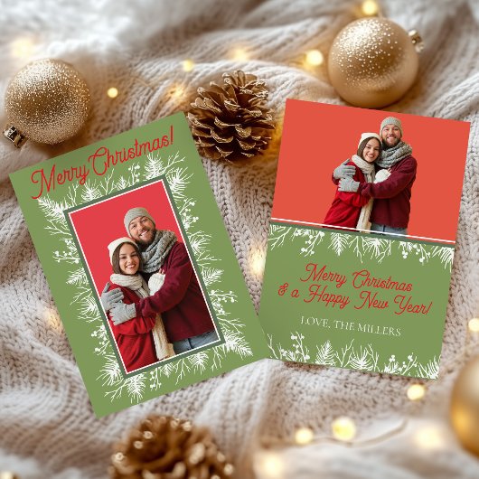 Moderne Kerstkaart met Foto en Groene Takken Kaart