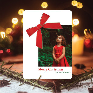 Moderne kerstkaart met foto en rode fluwelen strik