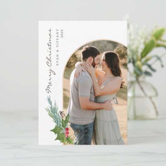 Moderne kerstkaart met fotoscherm met Holly Kaart (Staand voorkant)