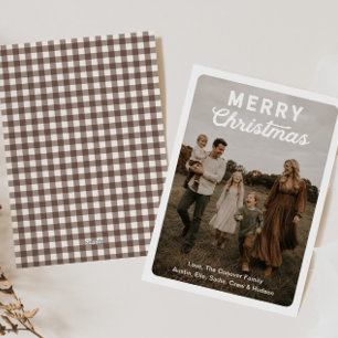 Moderne kerstkaart met geruite familiefoto