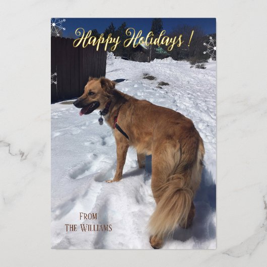 Moderne kerstkaart met verticale foto van uw hond  folie feestdagenkaart (Voorkant)
