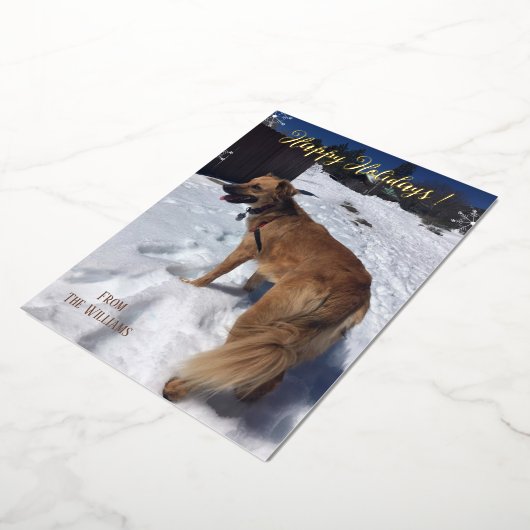 Moderne kerstkaart met verticale foto van uw hond  folie feestdagenkaart (Gedraaid)