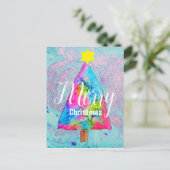 Moderne kerstkleurrijke blauwe en roze glitter feestdagenkaart (Staand voorkant)