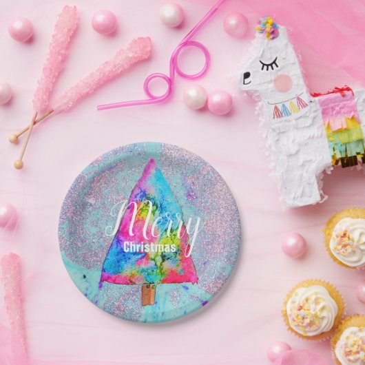 Moderne kerstkleurrijke blauwe en roze glitter papieren bordje (Feest)